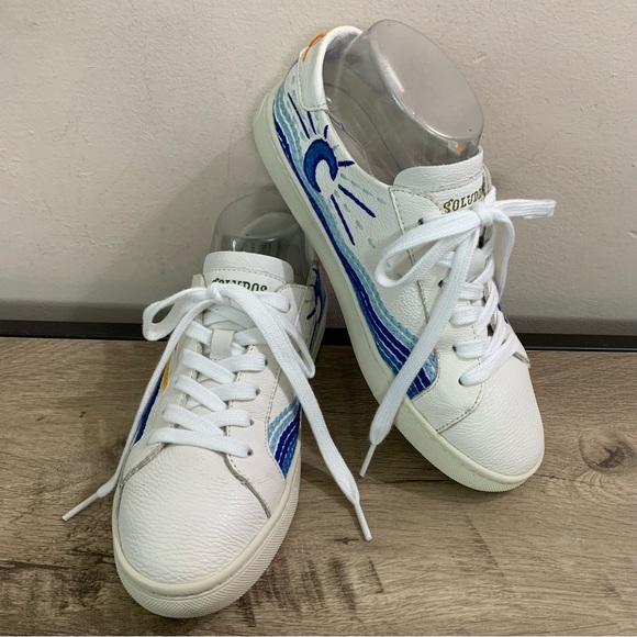 Women's SOLUDOS White Leather SUNRISE SUNSET Embroidered SNEAKERS Athletic SHOES - Picture 4 of 6